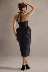 Black Halter-Neck Midi Dress With Tulip Skirt
